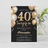 Verrassende 40e verjaardag zwarte en gouden ballon kaart (Staand voorkant)