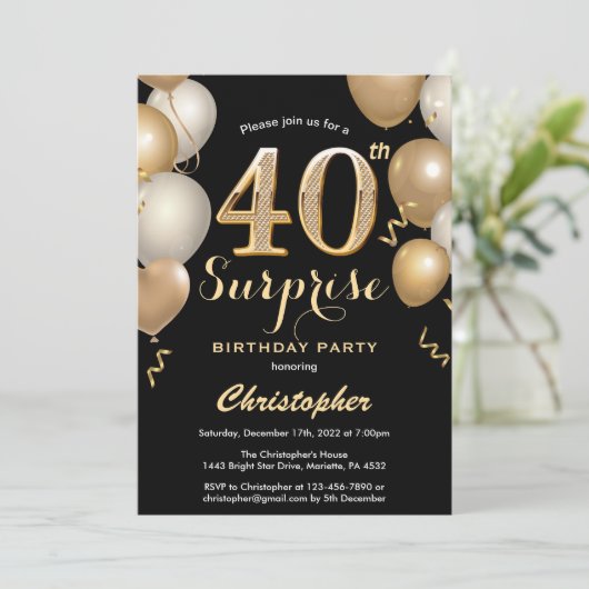 Verrassende 40e verjaardag zwarte en gouden ballon kaart (Staand voorkant)