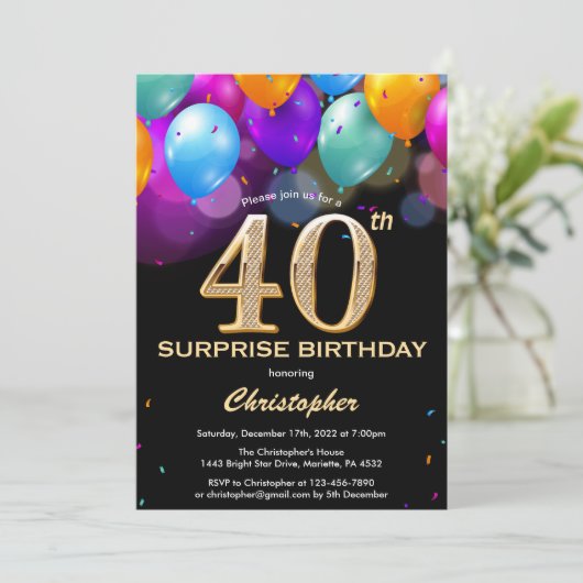 Verrassende 40e verjaardag zwarte en gouden ballon kaart (Staand voorkant)