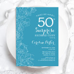 Verrassende 50e verjaardag - Lichte Blauwe Floral Kaart<br><div class="desc">Light Blue Floral Surprise,  uitnodiging voor 30e verjaardag. Minimalistisch modern design met botanische accenten en lettertype typografie. Eenvoudige vrouwelijke uitnodigingskaart perfect voor een stijlvol vrouw verrassingsfeest. Kan op elke leeftijd worden aangepast. Uitnodigingen met Zazzle afdrukken of digitale sjabloon direct downloaden.</div>