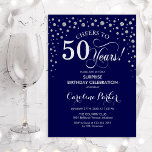 Verrassende 50e verjaardag van de marine Silver Kaart<br><div class="desc">Verrassende uitnodiging van de 50e verjaardag. Elegant ontwerp in blauw en faux glitter Silver. Kenmerkt manuscriptdoopvont en diamanten confetti. Cheers tot 50 jaar! Bericht me als u verdere aanpassing nodig hebt.</div>