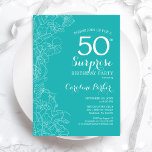 Verrassende 50e verjaardag van de Turquoise Floral Kaart<br><div class="desc">Turquoise Floral Surprise,  uitnodiging voor een 50e verjaardag. Minimalistisch modern design met botanische accenten en lettertype typografie. Eenvoudige vrouwelijke uitnodigingskaart perfect voor een stijlvol vrouw verrassingsfeest. Kan op elke leeftijd worden aangepast.</div>