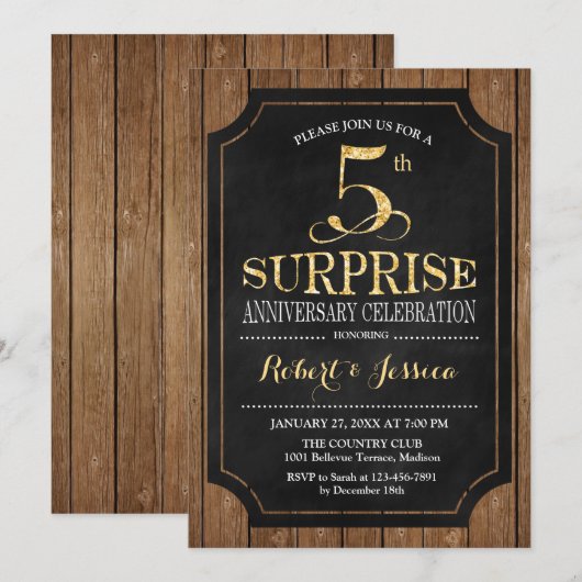 Verrassende 5e trouwdag - Zwart hout goud Kaart (Voorkant / Achterkant)