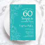 Verrassende 60e verjaardag van de Turquoise Floral Kaart<br><div class="desc">Turquoise Floral Surprise,  uitnodiging voor een 60ste verjaardag. Minimalistisch modern design met botanische accenten en lettertype typografie. Eenvoudige vrouwelijke uitnodigingskaart perfect voor een stijlvol vrouw verrassingsfeest. Kan op elke leeftijd worden aangepast.</div>