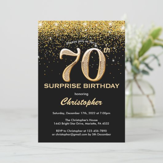 Verrassende 70e verjaardag Zwart en Goud Glitter Kaart (Staand voorkant)