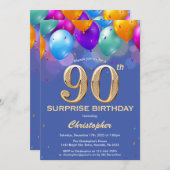 Verrassende 90e verjaardag Blauwe en gouden ballon Kaart (Voorkant / Achterkant)