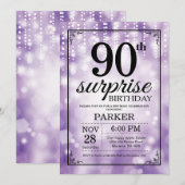 Verrassende 90e verjaardag Uitnodiging Paars Glitt (Voorkant / Achterkant)