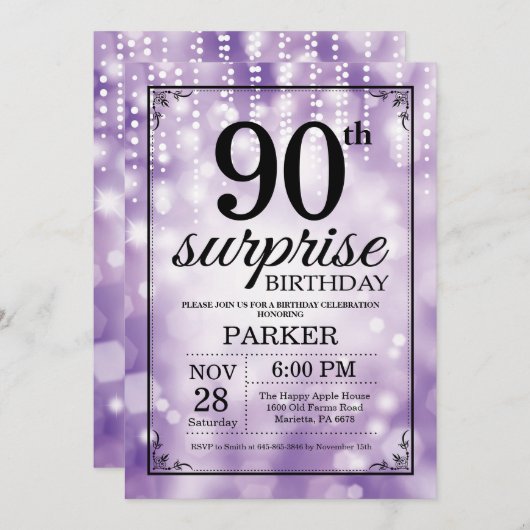 Verrassende 90e verjaardag Uitnodiging Paars Glitt (Voorkant / Achterkant)