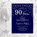 Verrassende 90e verjaardag van de marine Silver Kaart<br><div class="desc">Verrassend 90e verjaardag uitnodiging. Elegant ontwerp in blauw en faux glitter Silver. Kenmerkt manuscriptdoopvont en diamanten confetti. Cheers tot 90 jaar! Bericht me als u verdere aanpassing nodig hebt.</div>