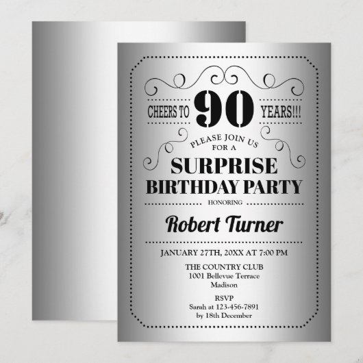 Verrassende 90e verjaardag - Zilver Zwart Kaart (Voorkant / Achterkant)