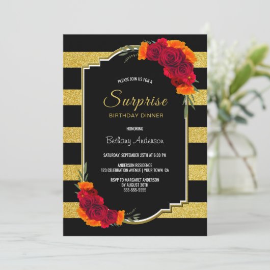 Verrassende bruiddag Dinner Black Gold Striped Flo Kaart (Staand voorkant)