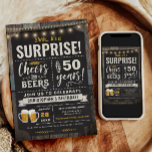 Verrassende Cheers and Beers 50th Birthday Invitat Kaart<br><div class="desc">Surprise Cheers and Beers 50th Birthday Invitation met krijtbord en belettering met aanpasbare leeftijd.</div>