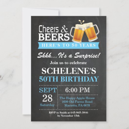 Verrassende Cheers and Beers 50th Birthday Invitat Kaart (Voorkant)