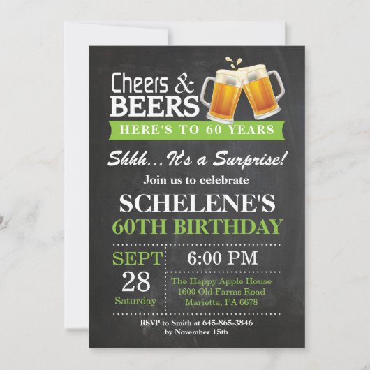 Verrassende Cheers and Beers 60th Birthday Invitat Kaart (Voorkant)