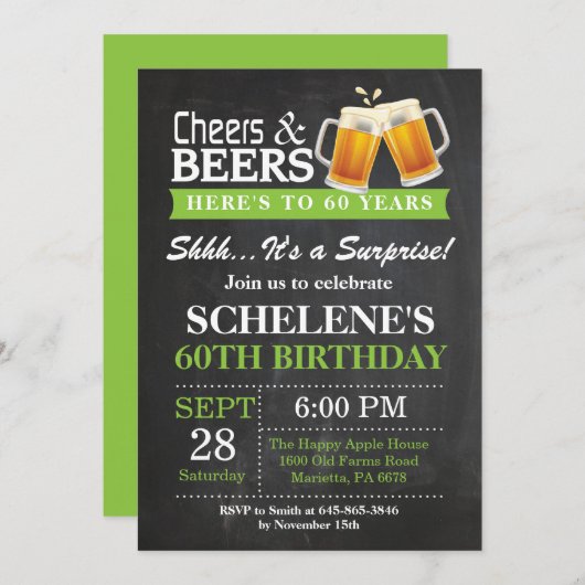 Verrassende Cheers and Beers 60th Birthday Invitat Kaart (Voorkant / Achterkant)