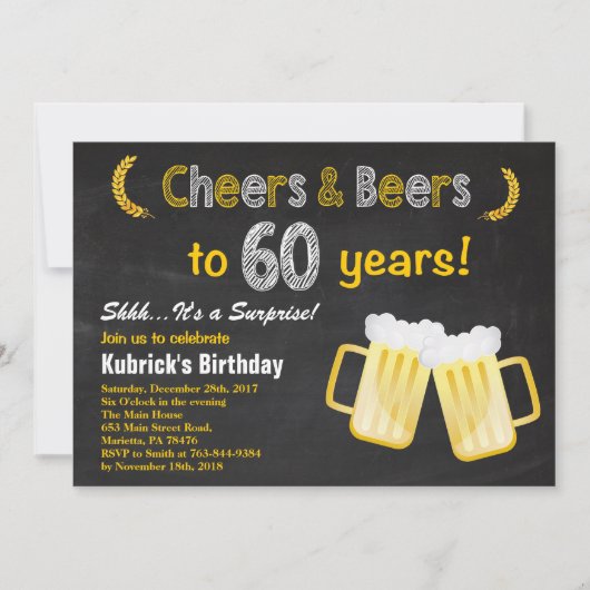 Verrassende Cheers and Beers 60th Birthday Invitat Kaart (Voorkant)