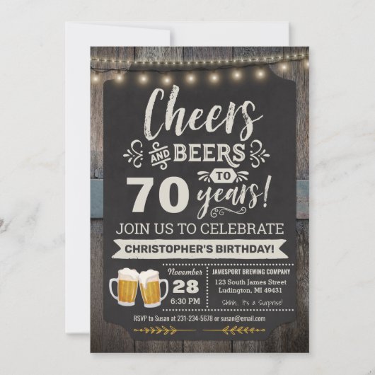 Verrassende Cheers and Beers 70th Birthday Invitat Kaart (Voorkant)