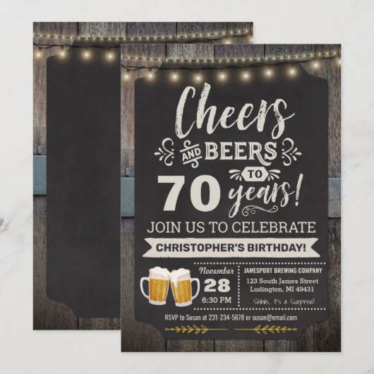 Verrassende Cheers and Beers 70th Birthday Invitat Kaart (Voorkant / Achterkant)