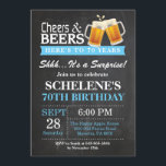 Verrassende Cheers and Beers 70th Birthday Invitat Kaart<br><div class="desc">Verrassende Cheers and Beers 70th Birthday Invitation Card. Volwassen verjaardag. Blauw. 16e 18e 21e 30e 40e 50e 70e 80e 90e 100e. Elke leeftijd. Voor verdere aanpassing,  te klikken gelieve de knoop "van de Aanpassing het"en ons ontwerphulpmiddel te gebruiken om deze sjabloon te wijzigen.</div>