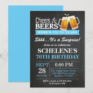 Verrassende Cheers and Beers 70th Birthday Invitat Kaart