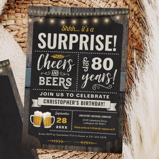 Verrassende Cheers and Beers 80th Birthday Invitat Kaart