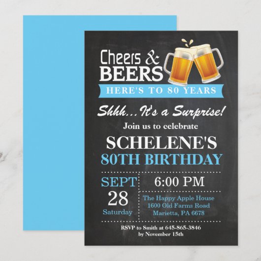 Verrassende Cheers and Beers 80th Birthday Invitat Kaart (Voorkant / Achterkant)