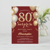 Verrassende donkerrode en gouden ballonnen van 80e kaart (Staand voorkant)