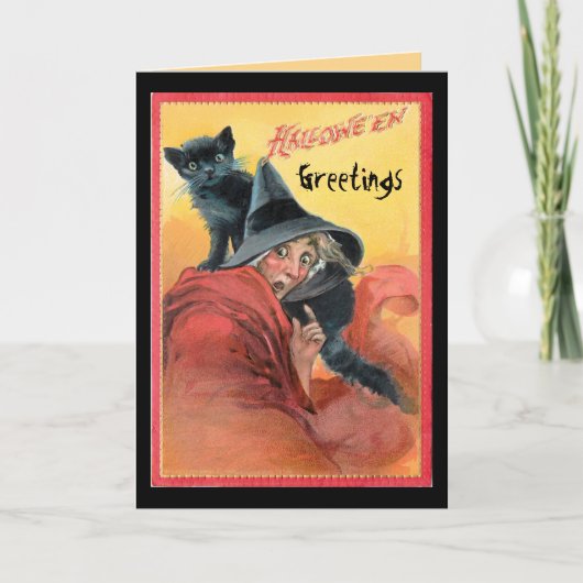 Verrassende heks en zwarte kat kaart (Voorkant)