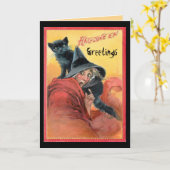 Verrassende heks en zwarte kat kaart (Gele Bloem)