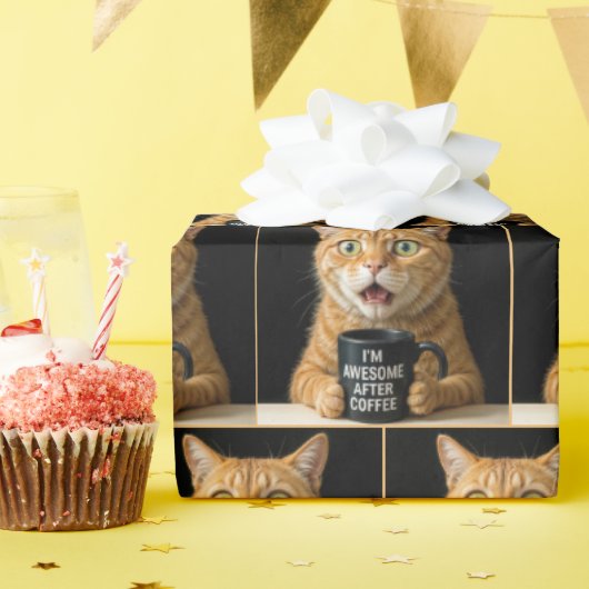 Verrassende Oranje kat met een grappig zwart koffi Cadeaupapier (Verjaardagsfeest)