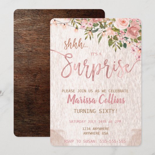 Verrassende partijuitnodiging, florale snaarlampen kaart (Voorkant / Achterkant)