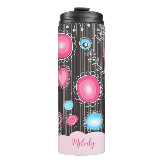 Verrassende roze blauwe harten en bloemen bloemrij thermosbeker (Voorkant)