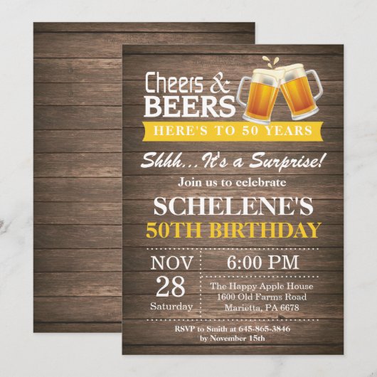 Verrassende Rustic Cheers and Beers 50th Birthday Kaart (Voorkant / Achterkant)