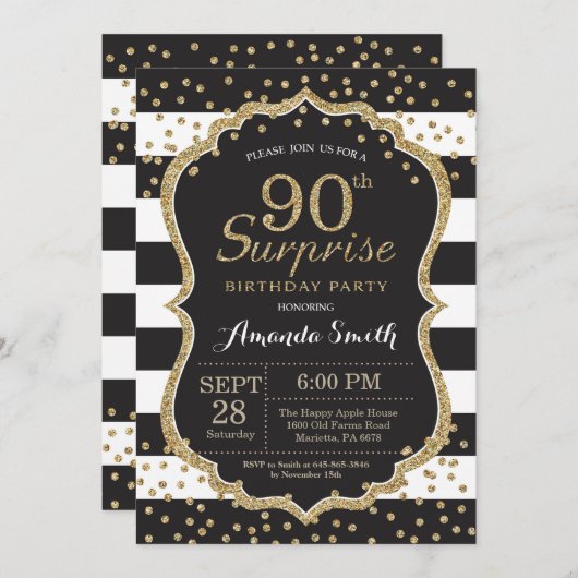 Verrassende uitnodiging van 90e verjaardag. Gold G (Voorkant / Achterkant)