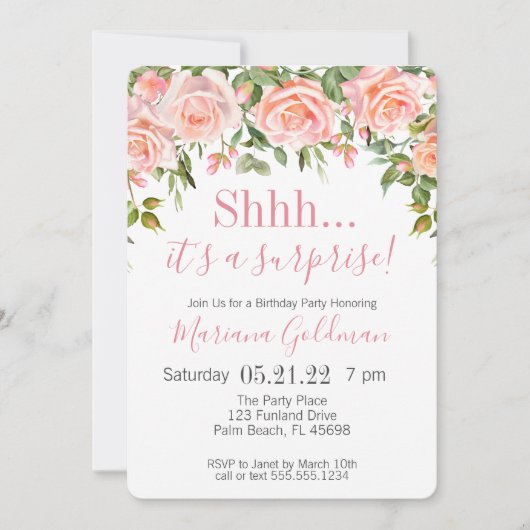 Verrassende verjaardag Uitnodigingen Roze Floral P (Voorkant)
