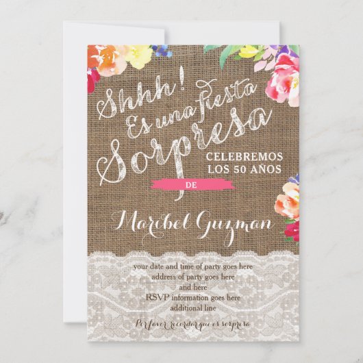 Verrassende verjaardagsfeest nodigt Lady, Spaans u Kaart (Voorkant)