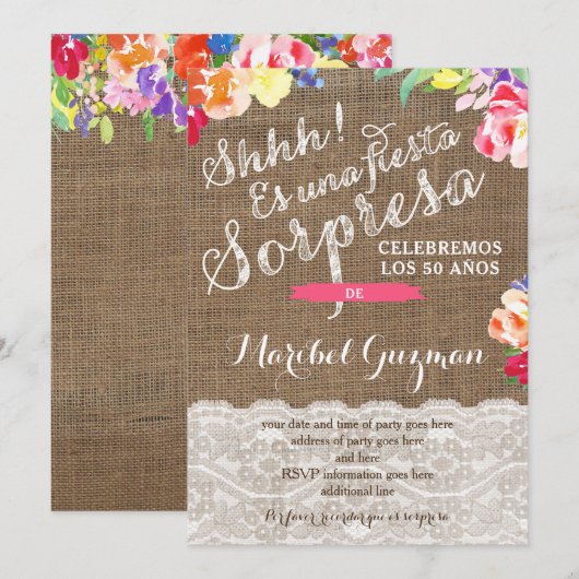 Verrassende verjaardagsfeest nodigt Lady, Spaans u Kaart (Voorkant / Achterkant)