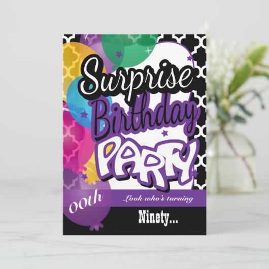 Verrassing 00e verjaardag met ballonnen in Paarse Kaart (Staand voorkant)