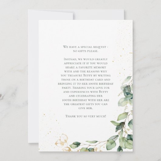 Verrassing 100e verjaardag Eucalyptus Kaart Aanvra (Achterkant)