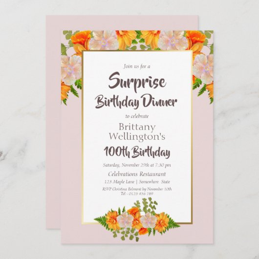 Verrassing 100e Verjaardag Sinaasappel Bloemen Gou Kaart (Voorkant / Achterkant)