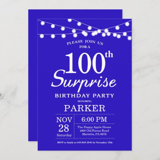 Verrassing 100e verjaardag uitnodiging Royal Blue (Voorkant / Achterkant)