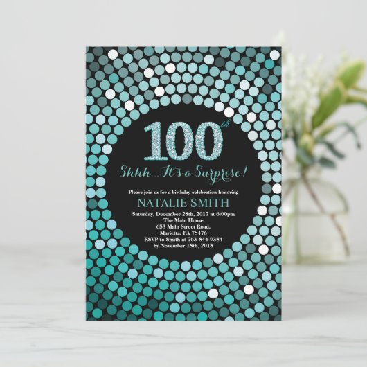 Verrassing 100e verjaardag zwart en Blauwgroen gli Kaart (Staand voorkant)