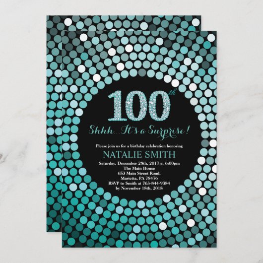 Verrassing 100e verjaardag zwart en Blauwgroen gli Kaart (Voorkant / Achterkant)