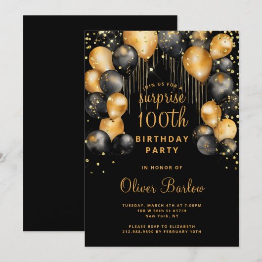 Verrassing 100e verjaardagsfeest zwart goud kaart (Voorkant / Achterkant)