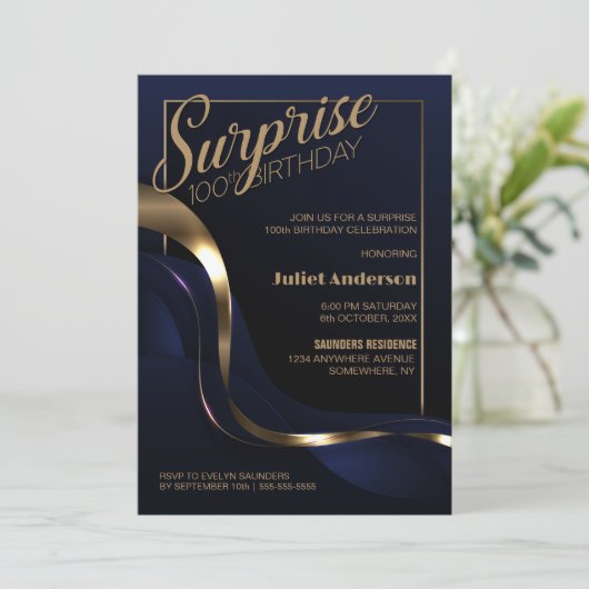Verrassing 100th Verjaardag Blauw Goud Partij Kaart (Staand voorkant)