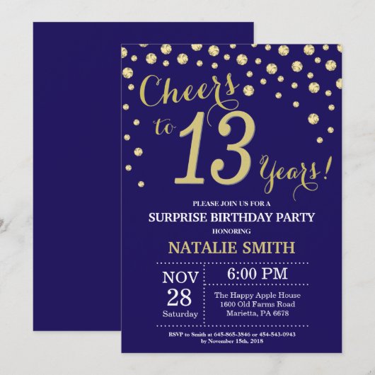 Verrassing 13e Verjaardag Marine Blauw en Gouden D Kaart (Voorkant / Achterkant)