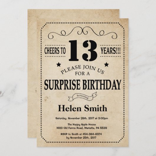 Verrassing 13e Verjaardag Rustieke  Retro Kaart (Voorkant / Achterkant)