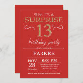 Verrassing 13e verjaardag uitnodiging rood en goud (Voorkant / Achterkant)