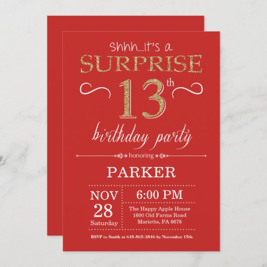 Verrassing 13e verjaardag uitnodiging rood en goud (Voorkant / Achterkant)