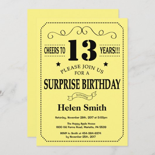 Verrassing 13e verjaardag zwart en geel kaart (Voorkant / Achterkant)